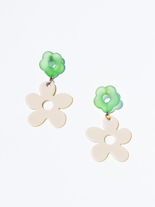 Dancing Daisy Dropdown Earrings in Ivory + Green