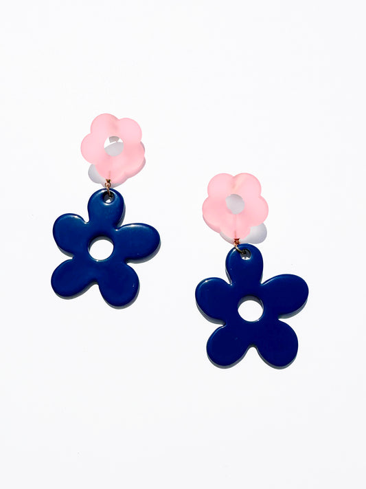 Dancing Daisy Dropdown Earrings in Navy + Pink