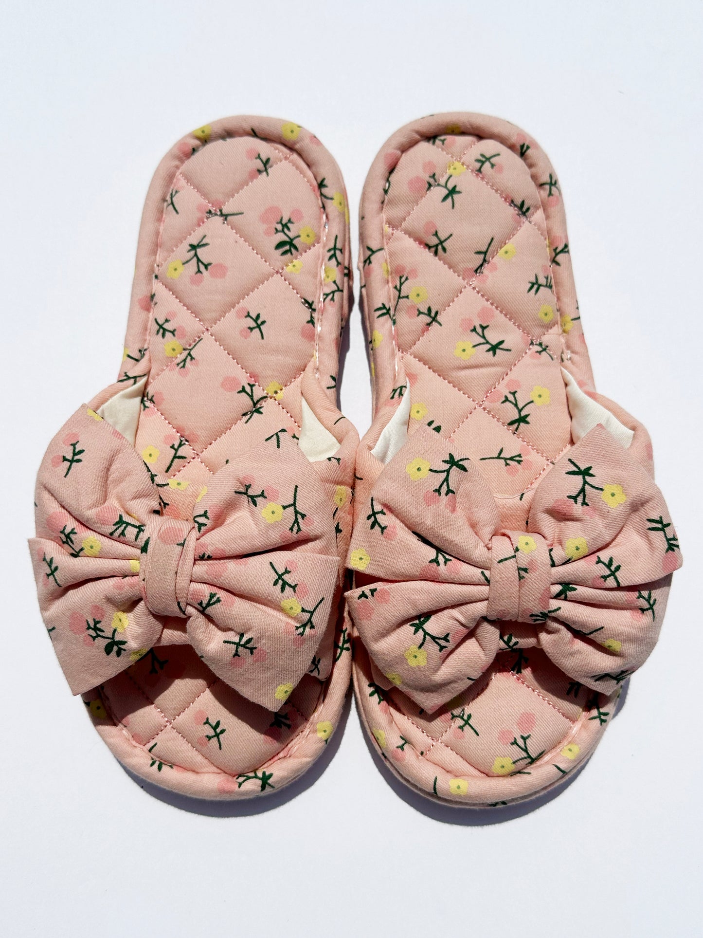 Floral Ribbon House Slippers in Soft Pink