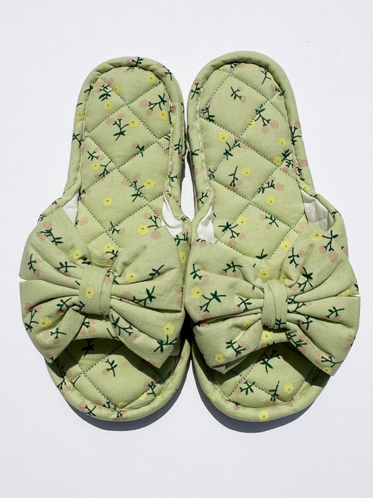 Floral Ribbon House Slippers in Soft Green