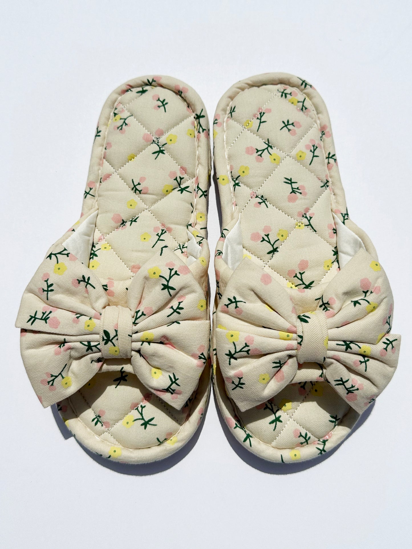 Floral Ribbon House Slippers in Ivory