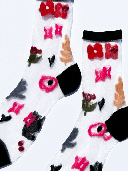 Sheer Sock in Black Watercolor Flowers