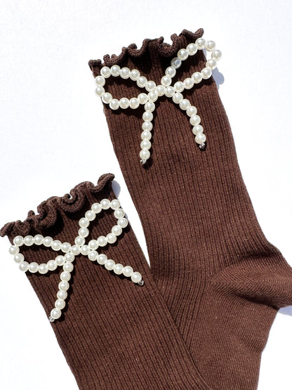 Pearl Ribbon Socks in Cocoa