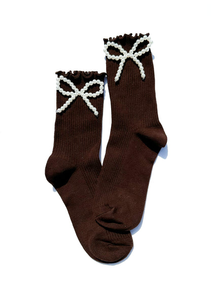 Pearl Ribbon Socks in Cocoa