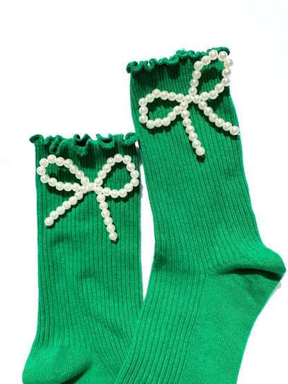 Pearl Ribbon Socks in Green