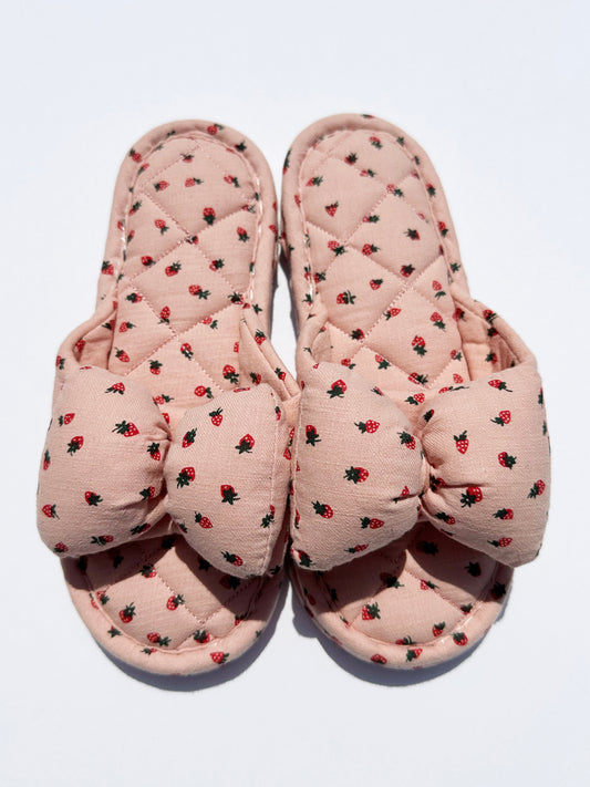 Strawberry Ribbon House Slippers in Strawberry Pink