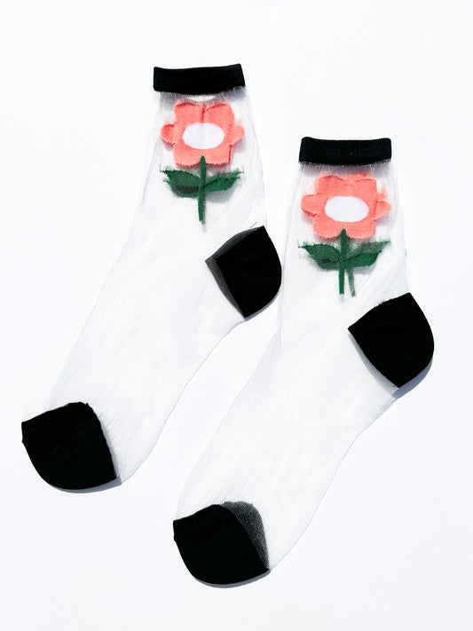 Sheer Sock in Black w/ Pink Daisy