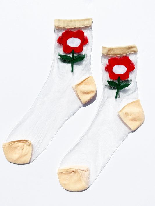 Sheer Sock in Beige w/ Red Daisy